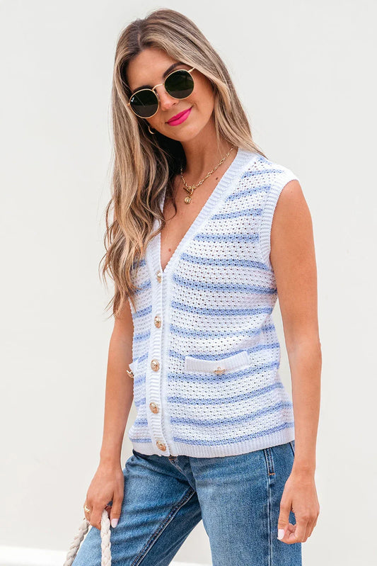 Woman wearing a sleeveless striped knit button-up vest and blue jeans, casual style