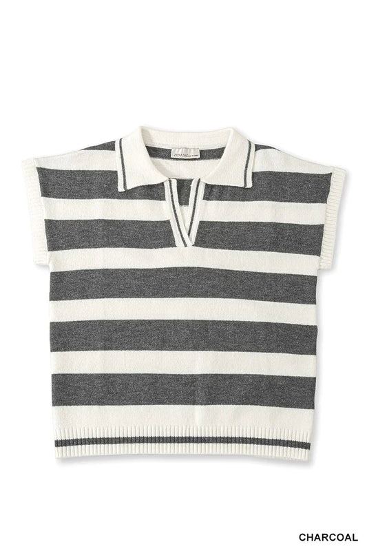 Short sleeve knit top with charcoal and white horizontal stripes and a collared neckline
