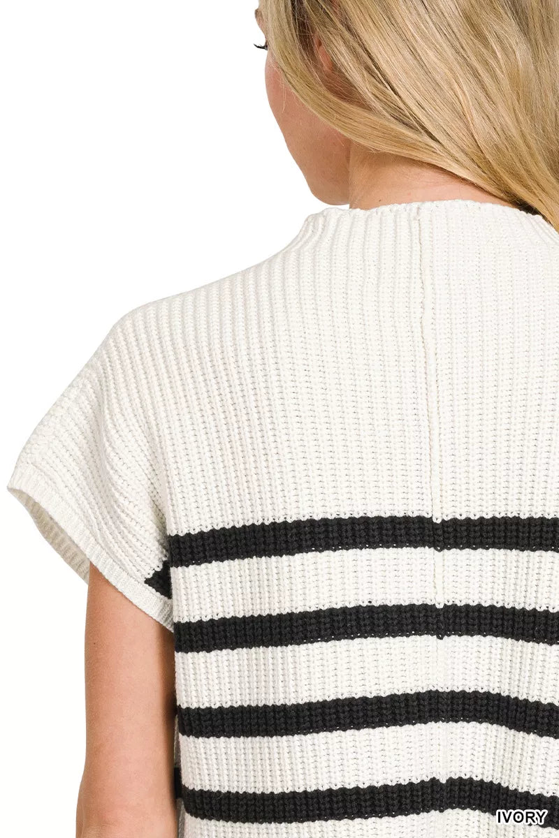 Back view of a sleeveless ivory knit top with black horizontal stripes