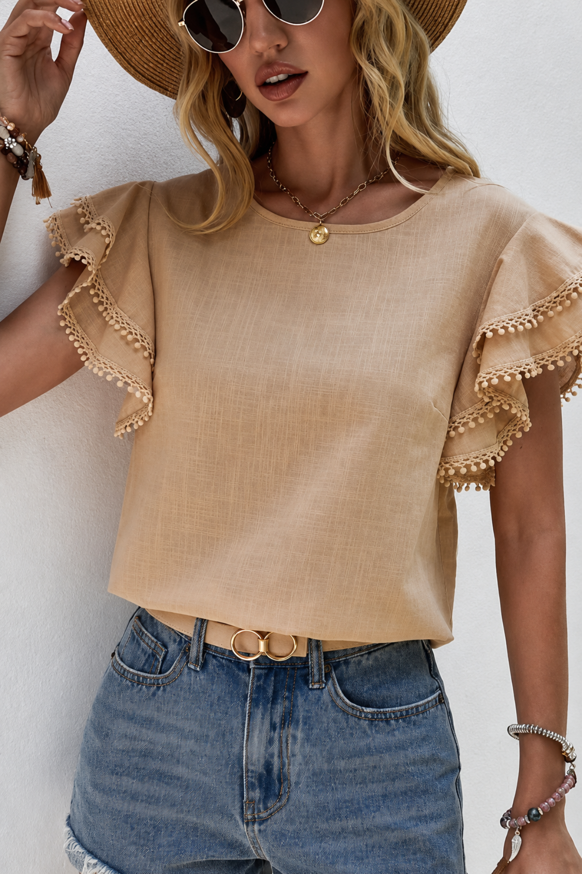 Beige Ruffle Sleeve Top for Women