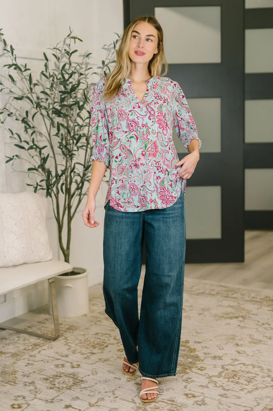 Lizzy Smock Top in Mint and Pink Floral Paisley