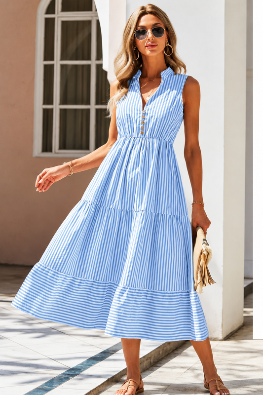 Striped Sleeveless V-Neck A-Line Color Block Dress – Effortless Elegance by Laurel & Thread