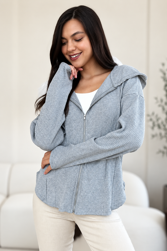 Culture Code Full Size Ribbed Zip Up Drawstring Hooded Jacket