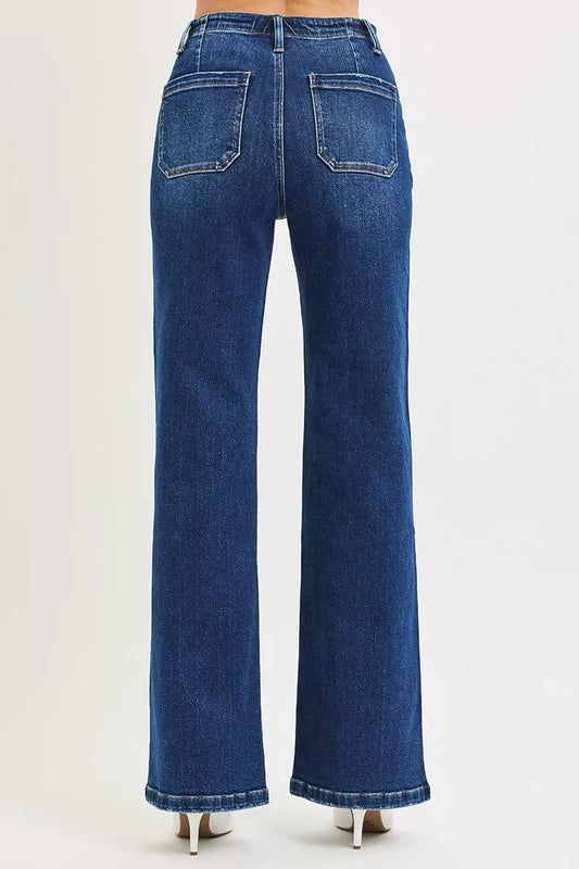 Back view of high-waisted straight leg blue jeans with two rear pockets