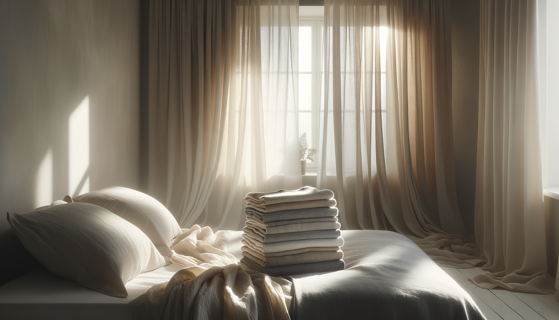 sunlit neutral bedroom with soft loungewear folded on a linen bed