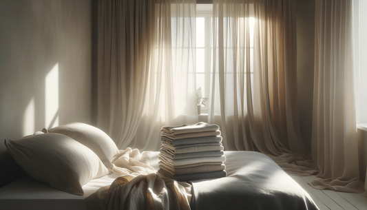 sunlit neutral bedroom with soft loungewear folded on a linen bed