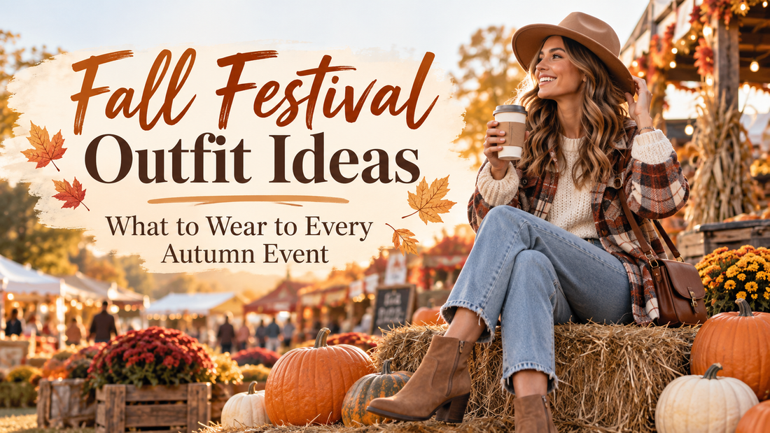 Woman wearing a cozy fall festival outfit with a plaid jacket, jeans, ankle boots, and crossbody bag, sitting among pumpkins at an autumn festival.