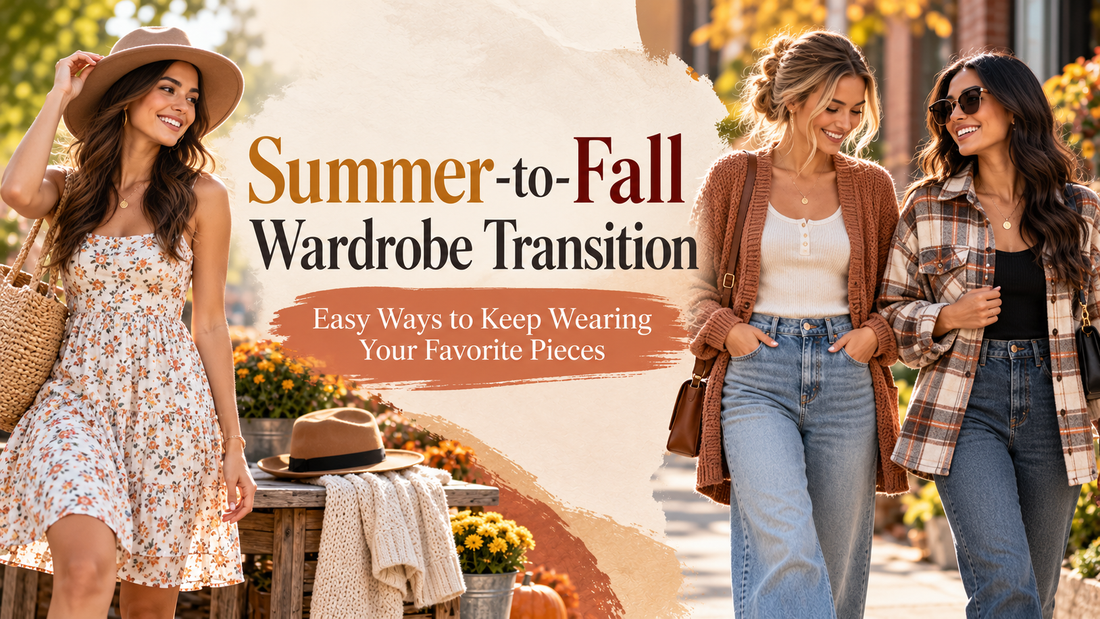 Women styling summer-to-fall transitional outfits with dresses, jeans, cardigans and lightweight layers for changing seasonal weather.