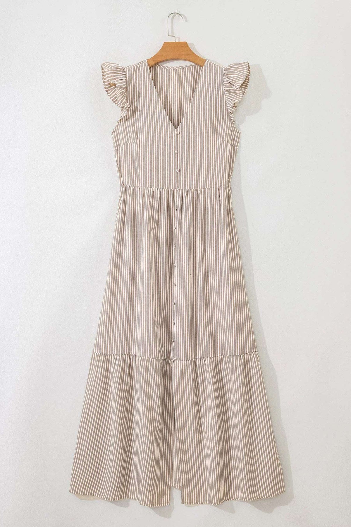 Sleeveless beige and white striped midi dress with ruffle shoulders and button front