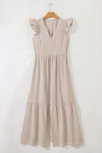 Sleeveless beige and white striped midi dress with ruffle shoulders and button front