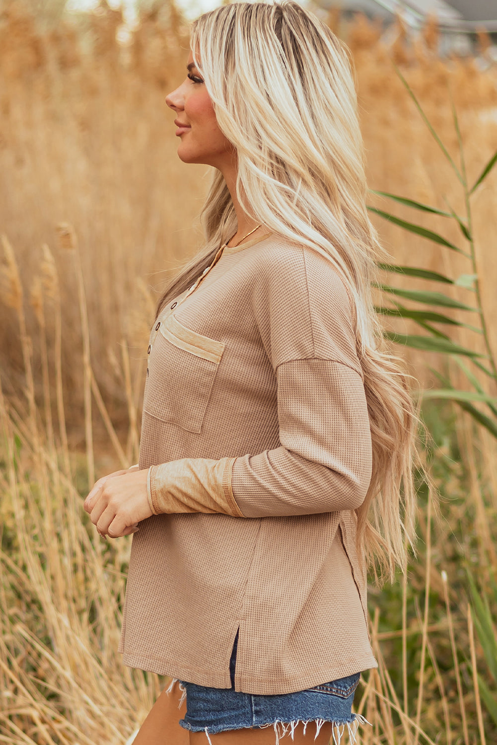 Blake Waffle Textured Tunic Henley Top with Slits-2