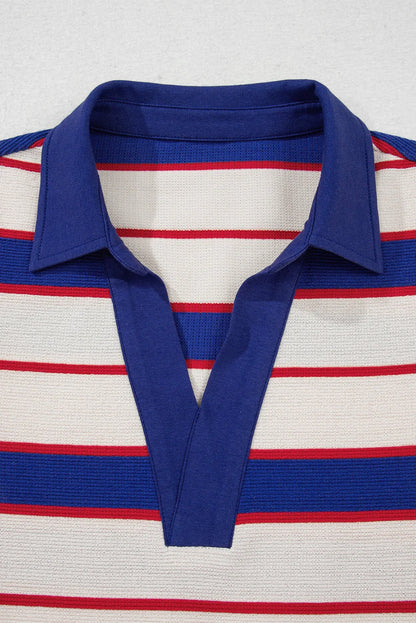 Close-up of a knit shirt with blue collar and red, blue, and white horizontal stripes.