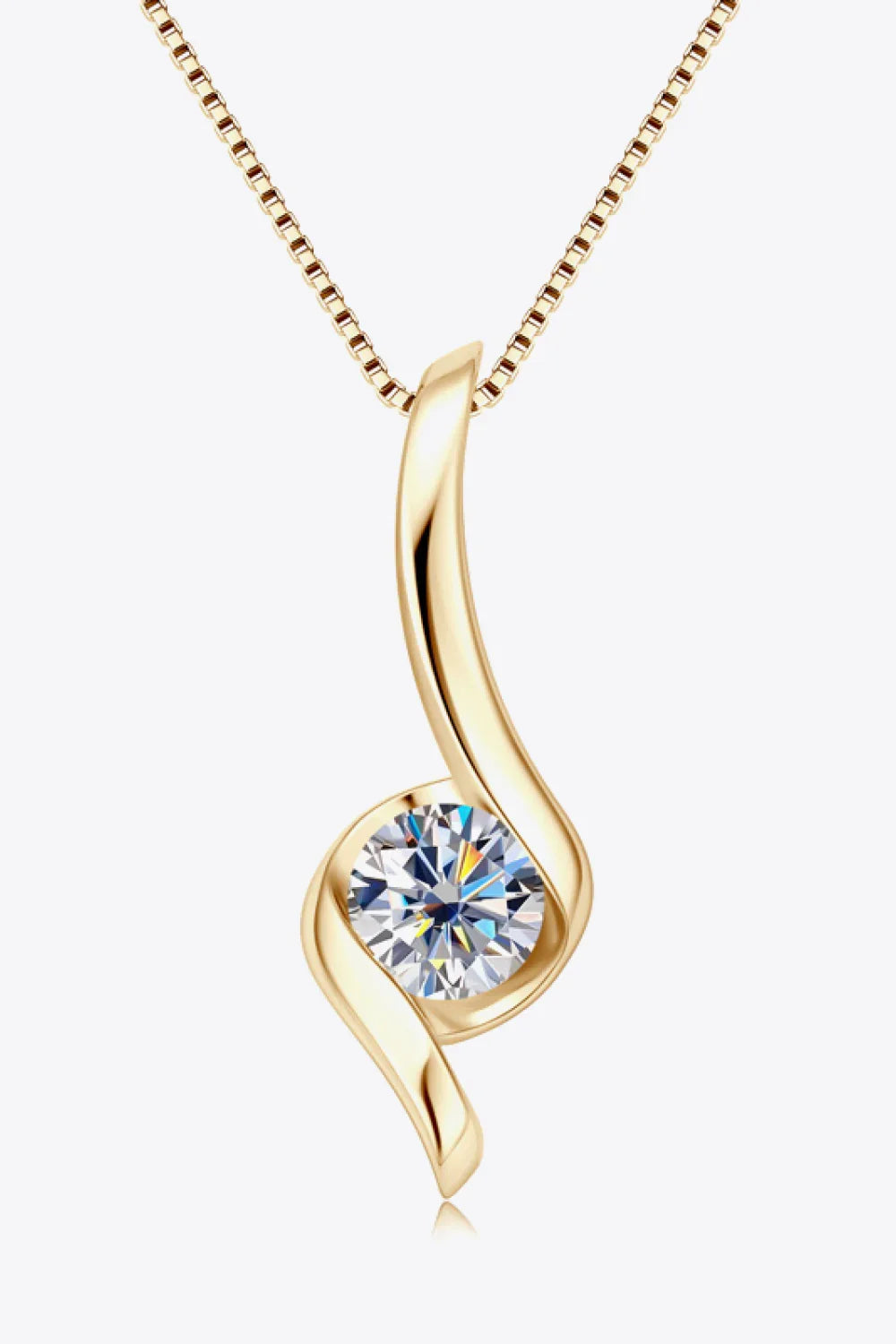 Elegant gold pendant necklace with twisted design and a round clear gemstone