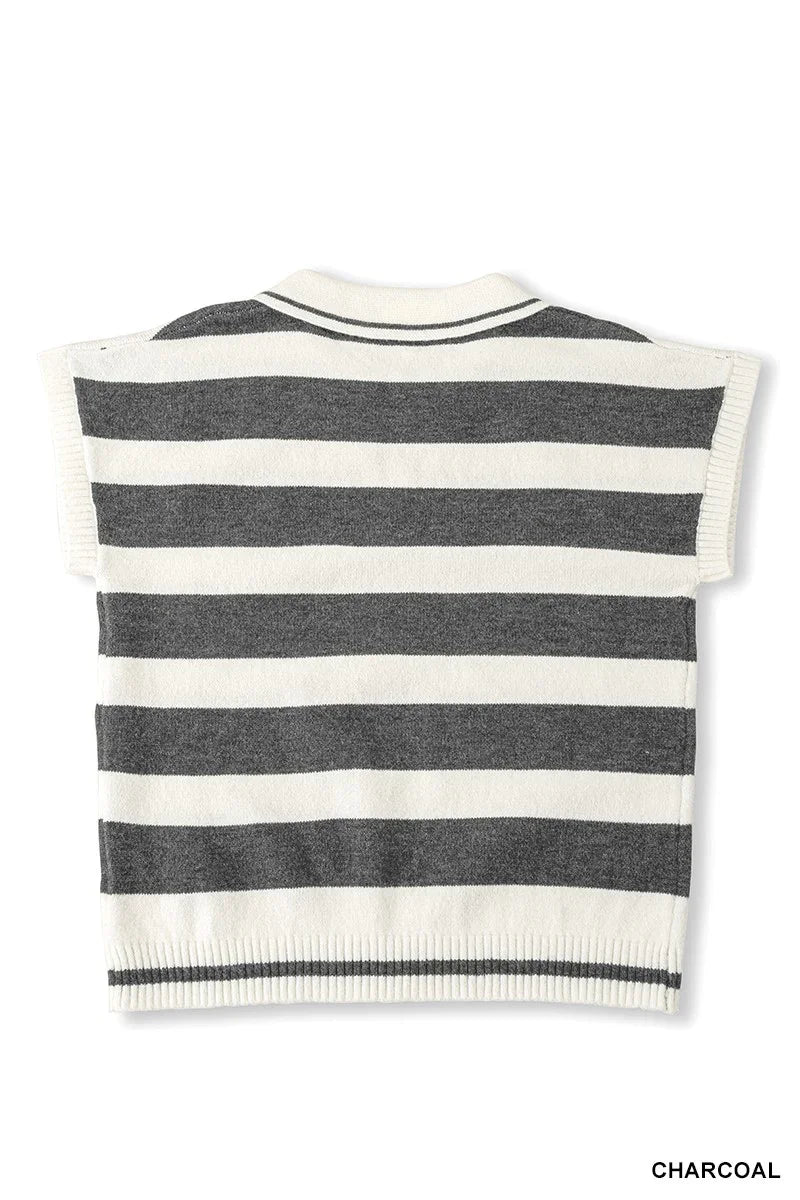 Charcoal and white striped knit sweater vest with short sleeves and ribbed trim, back view.