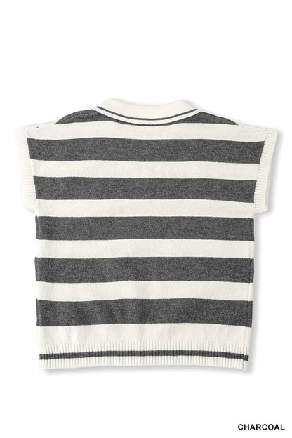 Charcoal and white striped knit sweater vest with short sleeves and ribbed trim, back view.
