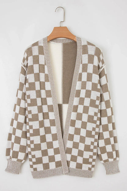 Taupe and white checkered knit cardigan with relaxed open front and ribbed cuffs on hanger