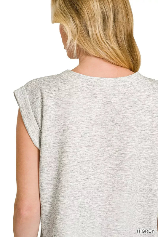 Back view of a woman wearing a heather grey sleeveless, relaxed-fit top