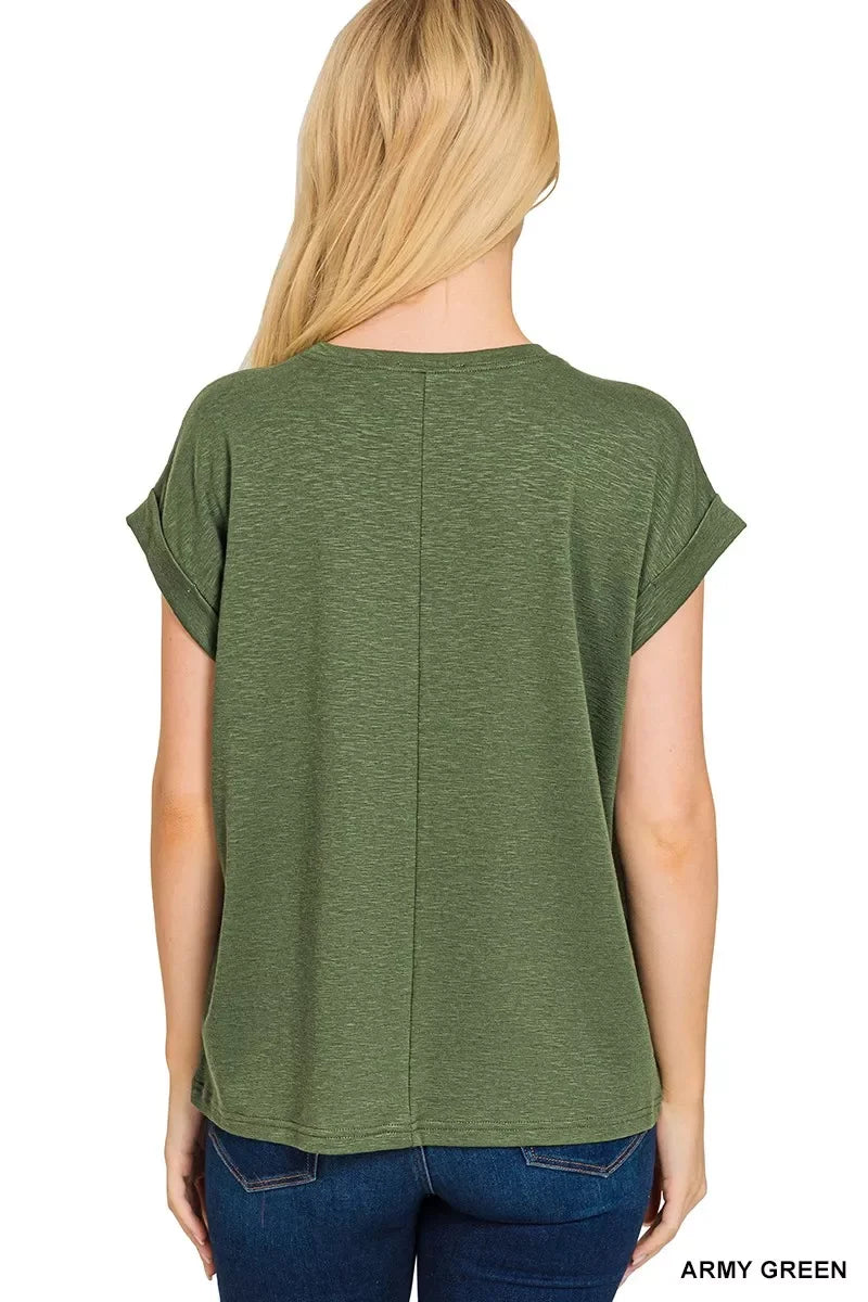 Woman wearing relaxed fit army green short sleeve top with rolled cuffs, back view