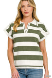 Woman wearing an olive and white striped short sleeve knit top with collar and split neckline