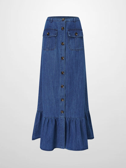 Bottom Ruffle Button Down Denim Skirt-Blue-2