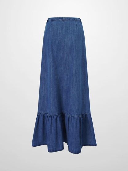 Bottom Ruffle Button Down Denim Skirt-Blue-3