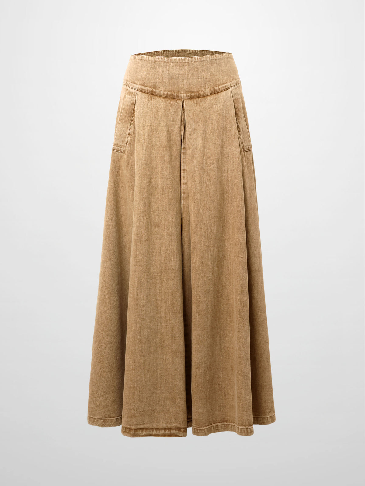 Inverted Yoke Pleat Denim Skirt-Light Tan-1
