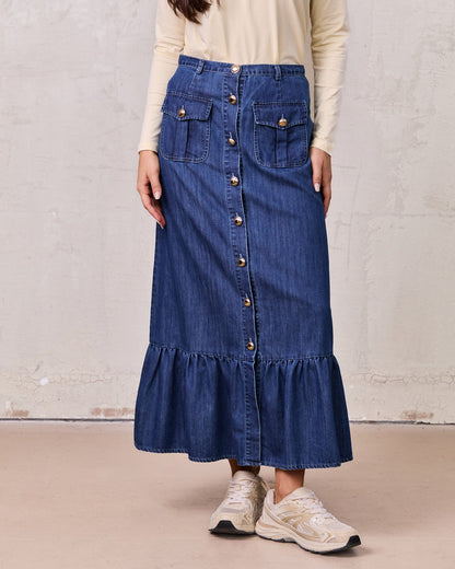 Bottom Ruffle Button Down Denim Skirt-Blue-1