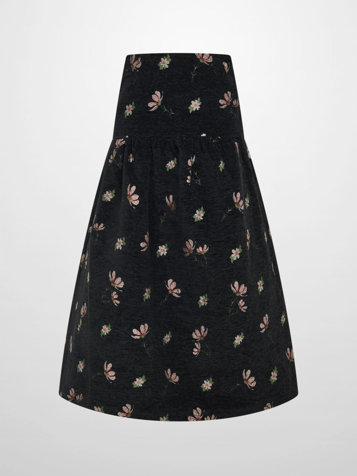 Curved Yoke Gathered Skirt - Embroidered Flowers-1