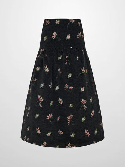 Curved Yoke Gathered Skirt - Embroidered Flowers-1