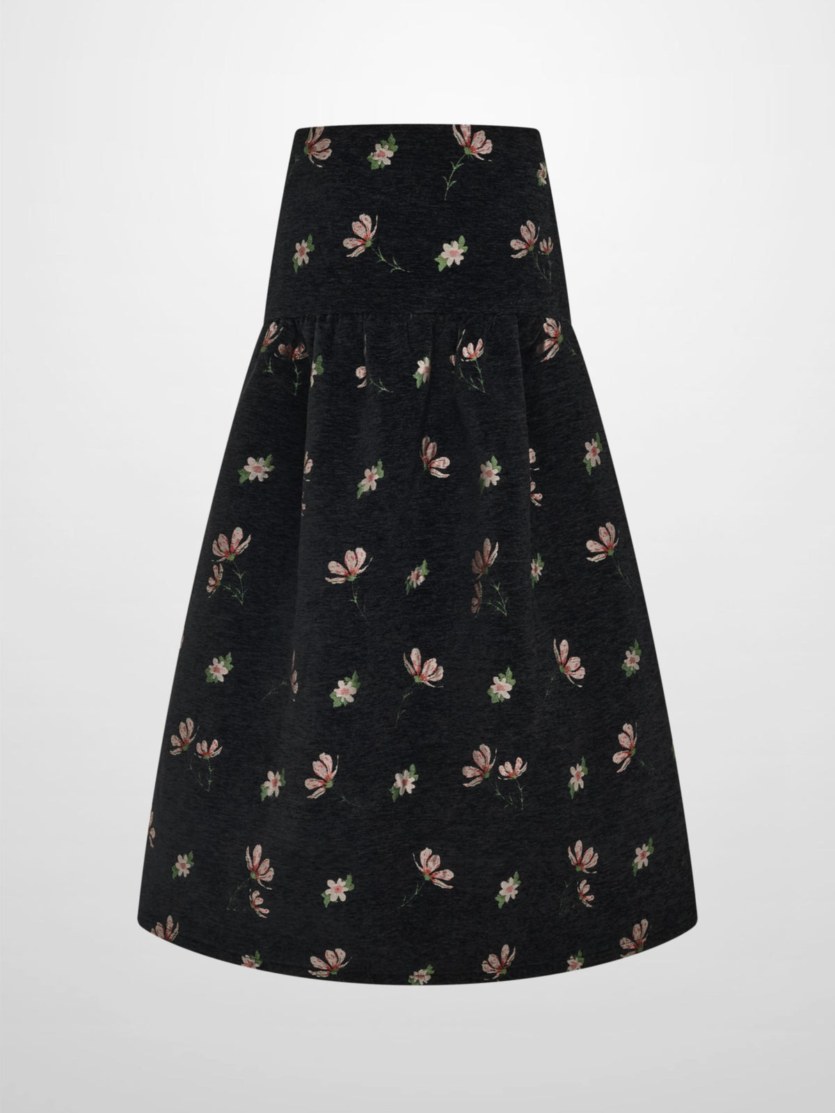 Curved Yoke Gathered Skirt - Embroidered Flowers-2