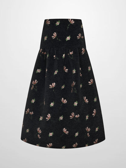 Curved Yoke Gathered Skirt - Embroidered Flowers-2