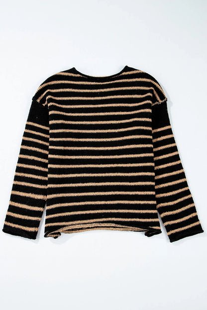 Black and beige striped long sleeve knit sweater with relaxed silhouette, back view