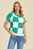 Double Take Full Size Checkered Round Neck Short Sleeve Sweater