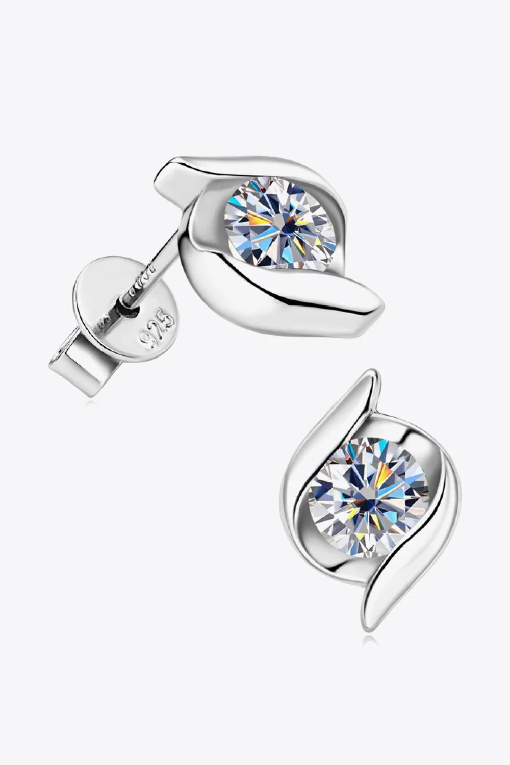 Sterling silver stud earrings with round clear gemstones in modern leaf-shaped setting