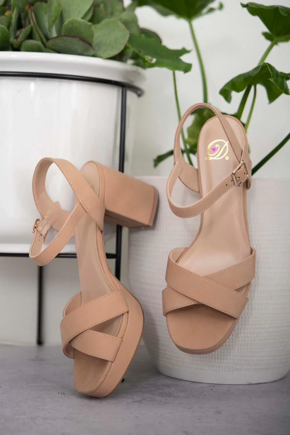 Beige block heel sandals with ankle straps and crisscross design, styled indoors by plants.