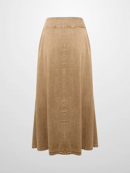 Inverted Yoke Pleat Denim Skirt-Light Tan-2