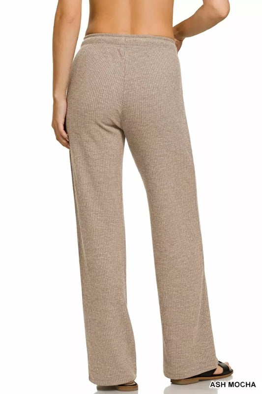 Back view of woman wearing ash mocha ribbed lounge pants with relaxed fit