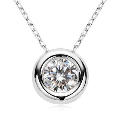 Round solitaire pendant necklace with bezel-set clear gemstone on silver chain