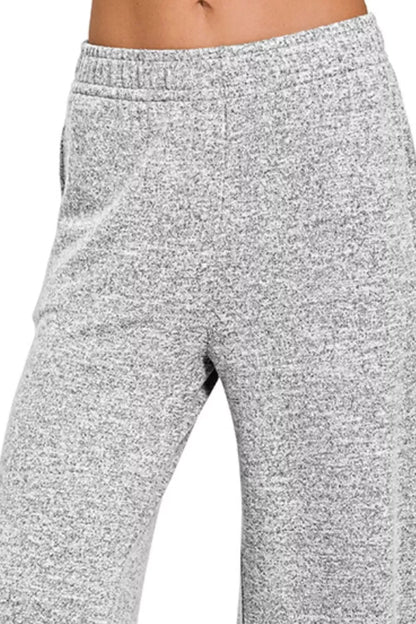 Heather grey wide-leg lounge pants with elastic waistband and relaxed fit