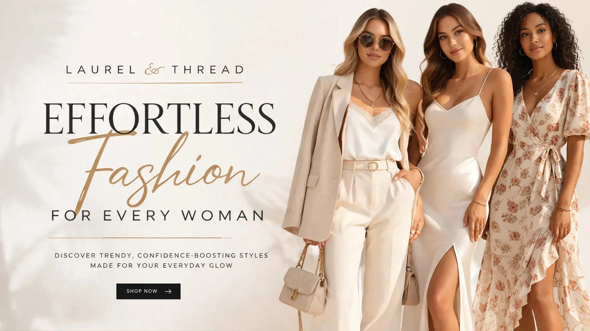 Promotional banner for 'Laurel & Thread' featuring three women modeling elegant outfits on the right, with large text on the left reading 'EFFORTLESS Fashion FOR EVERY WOMAN' and a 'SHOP NOW' button.