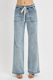 Light wash wide-leg denim pants with drawstring waist and front patch pockets, casual style