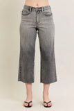 High-waisted gray wide-leg jeans with embroidered details and raw hems, front view