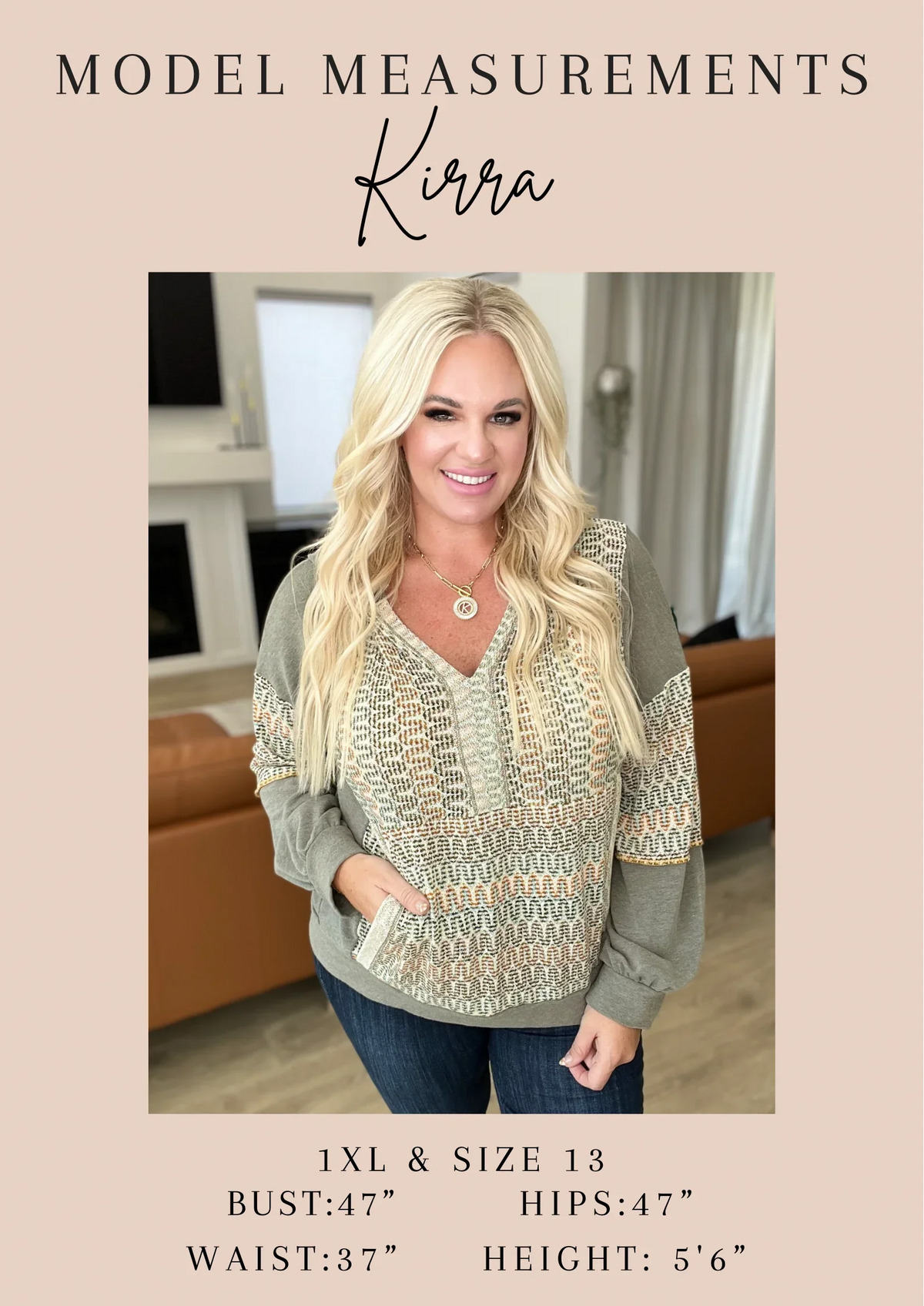Woman modeling patterned v-neck sweater in casual living room, plus size fit details listed.