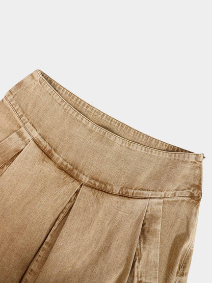 Inverted Yoke Pleat Denim Skirt-Light Tan-3
