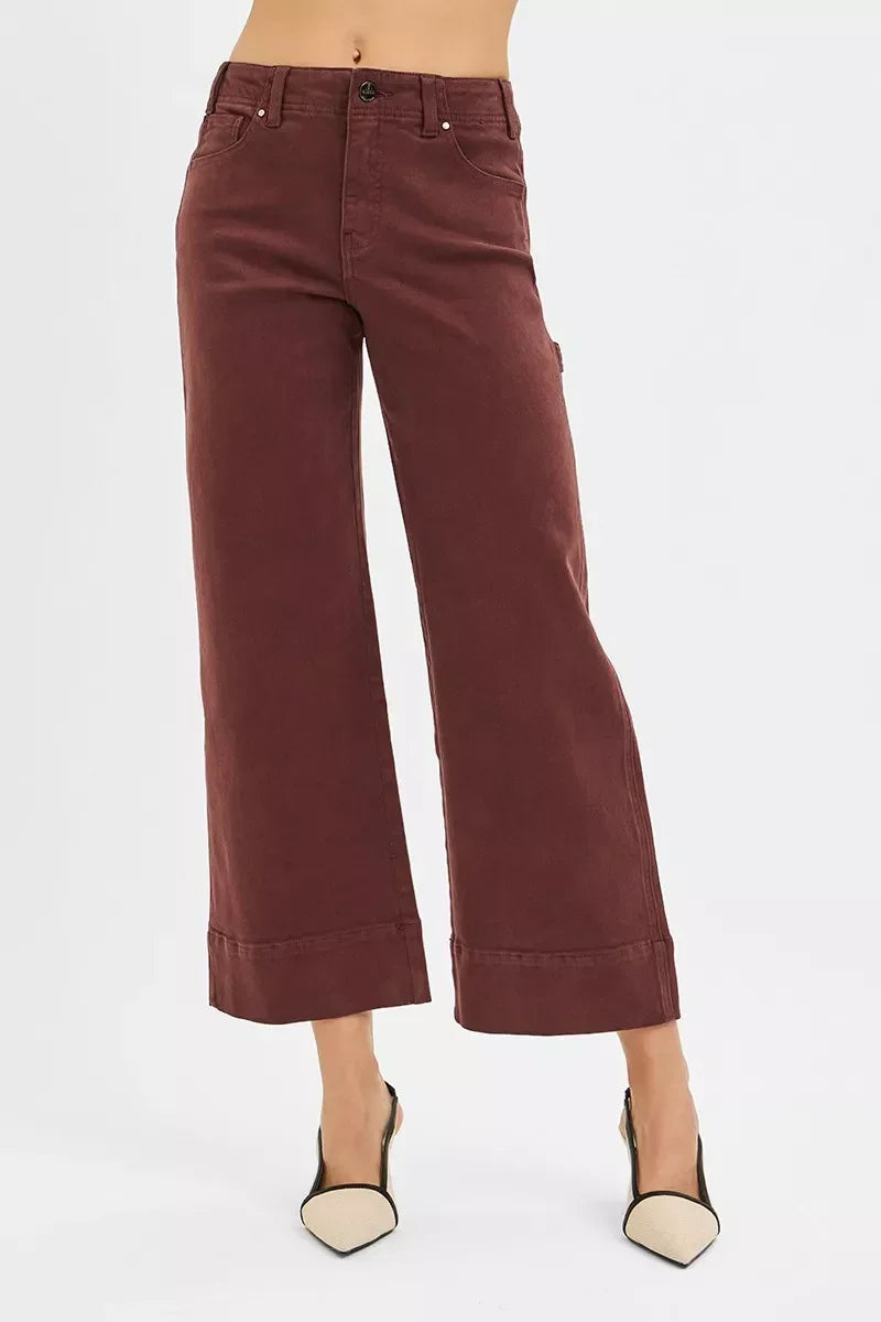 High-waisted wide leg cropped maroon pants for women, styled with heels