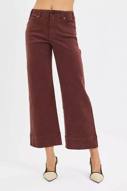 High-waisted wide leg cropped maroon pants for women, styled with heels