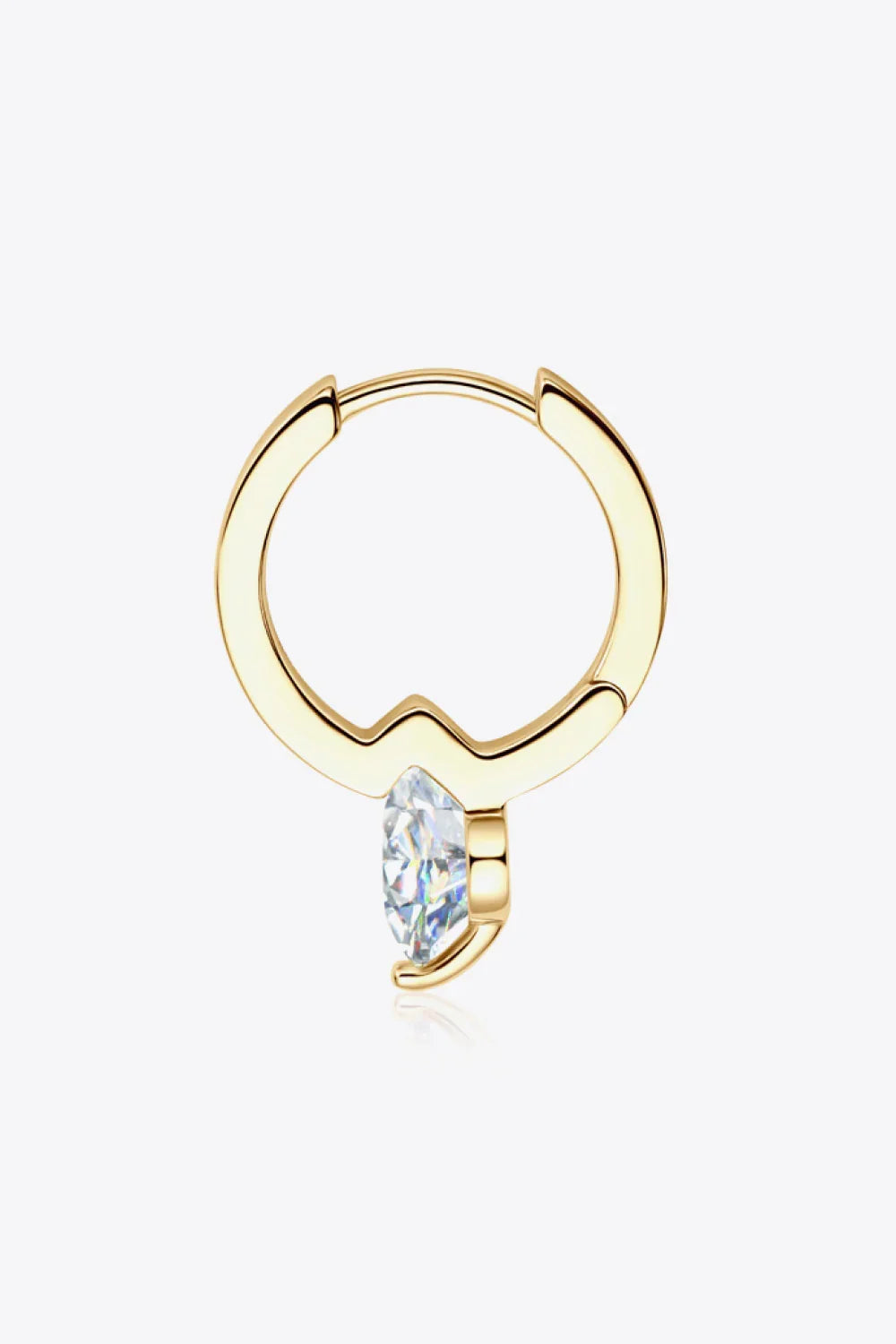 Gold hoop earring with a marquise-cut clear gemstone on white background