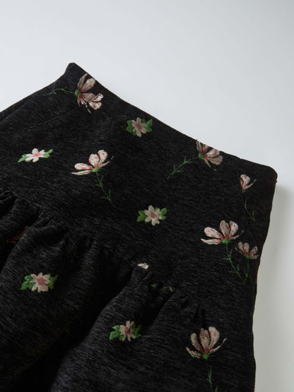 Curved Yoke Gathered Skirt - Embroidered Flowers-3