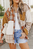 Woman wearing a plaid patchwork shacket, white tank top, denim shorts, and quilted shoulder bag