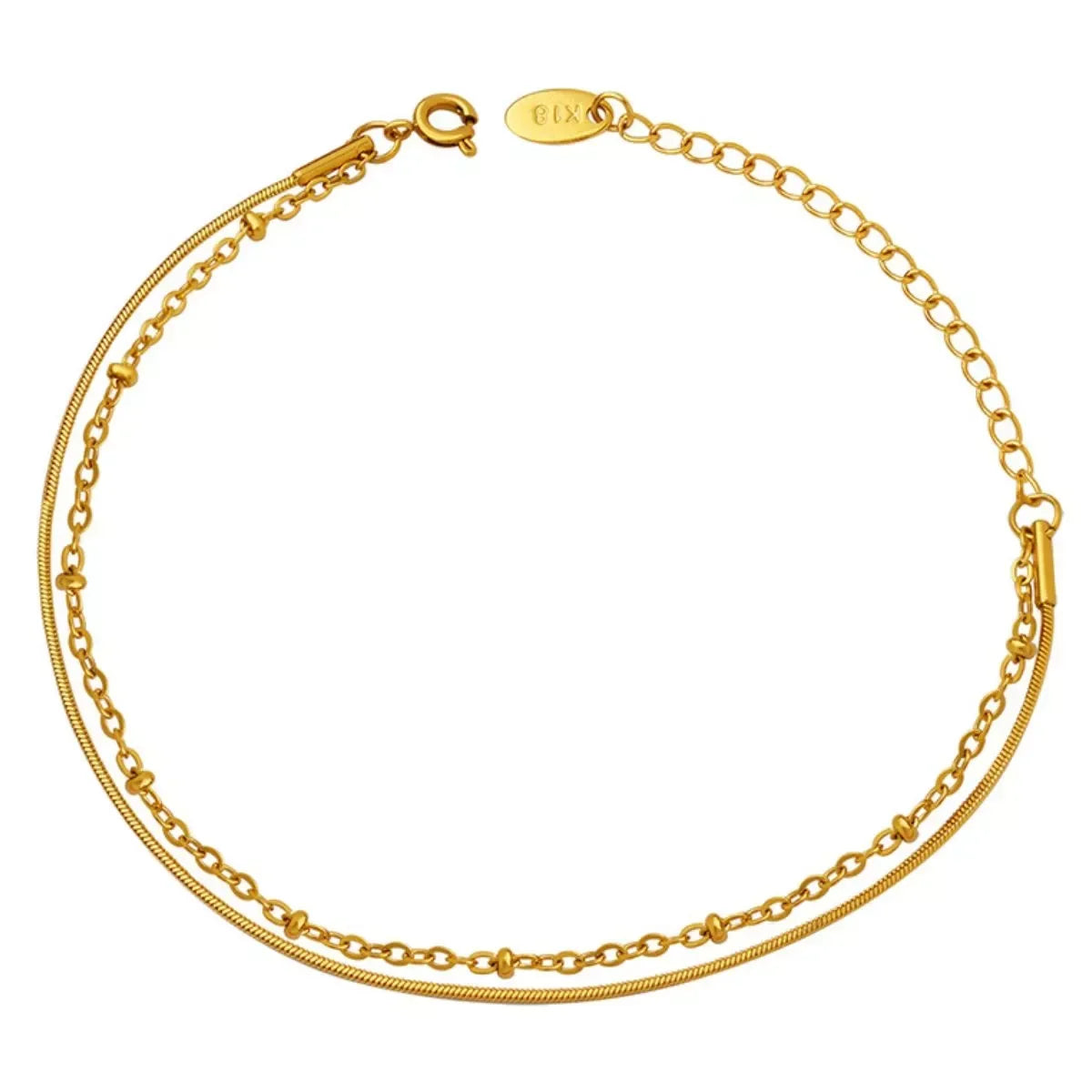 Delicate double-layer gold anklet with adjustable chain and lobster clasp, minimalist jewelry
